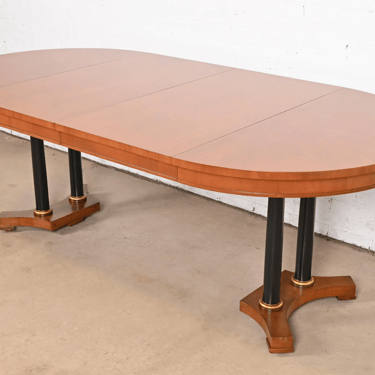 Baker Furniture Neoclassical Cherry Wood and Parcel Ebonized Pedestal Extension Dining Table, Newly Refinished