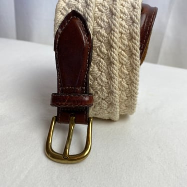 Vintage unisex white woven cotton & leather belt androgynous style boho braided preppy timeless vtg classic size 38”-41” XXLG 