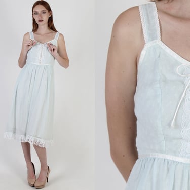 Pale Blue Plain Corset Dress / Sweetheart Neckline Prairie Dress /  Vintage 70s Sheer Ivory Floral Dress / Lace Up Simple Bridal Mini 