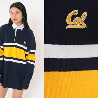 90s Rugby Shirt University of California Berkeley Shirt Cal Navy Blue Yellow Stripe Varsity Long Sleeve Button Up 1990s Retro Vintage Large 