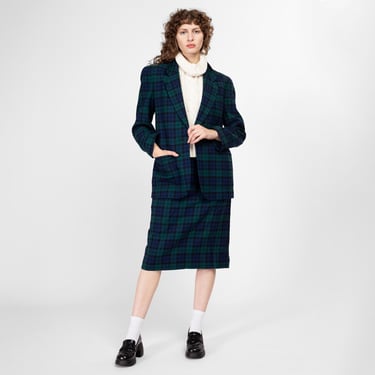 Medium 80s Pendleton Black Watch Tartan Wool Jacket & Midi Skirt Set Size 8 | Vintage Green Navy Blue Plaid Matching Two Piece Blazer Suit 