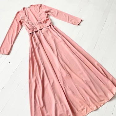 1970s Dusty Pink Long Dress with Low Neckline 