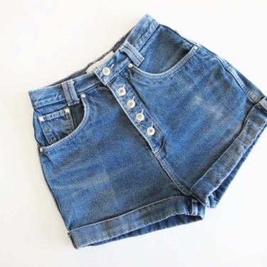 Vintage 90s Denim Shorts 24 XS S - 90s 2000s Anchor Blue High Waist Button Fly Cuffed Jean Shorts 