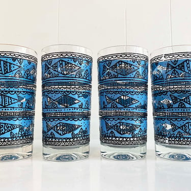 Vintage Aqua Fish Glasses Set of Four Blue Turquoise 1960s 60s Blue Turquoise Glass Atomic Mid Century Cocktail MCM Tumblers Retro Glassware 