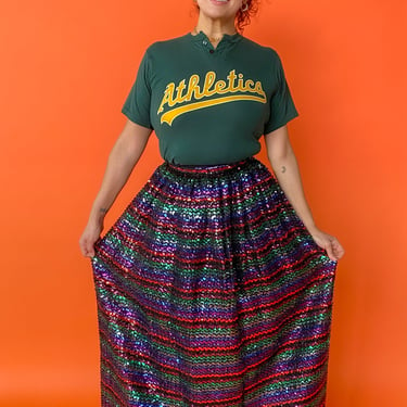 1980s Rainbow Sequin Maxi Skirt, sz. Medium
