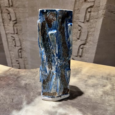 Textured Geometric Blue Vase Modern Studio Art Pottery 