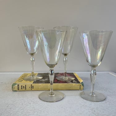 Set of 4-Vintage Wine Glasses; Clear Iridescent Opalescent Glass 