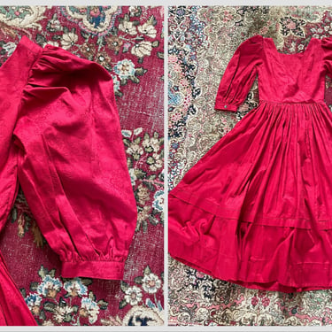 Vintage ‘90s Laura Ashley red cotton floral jacquard dress, cottage core dress | English tea dress, fit and flare, Great Britain, M 