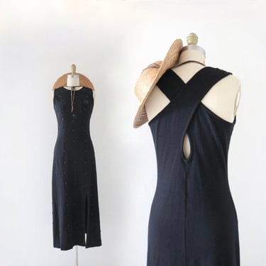 beaded wool criss cross dress - m - vintage 90s black knit womens size medium sleeveless tank dress maxi 