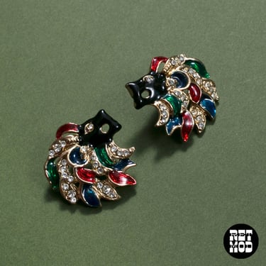 Chic Vintage 80s 90s Black Lion Head Earrings with Rhinestones & Red, Green and Blue 