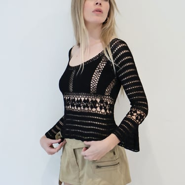 Y2K Vintage Black Crochet Knit Backless Top with Tie Back + Bell Sleeves Woven Open Knit XS S M 