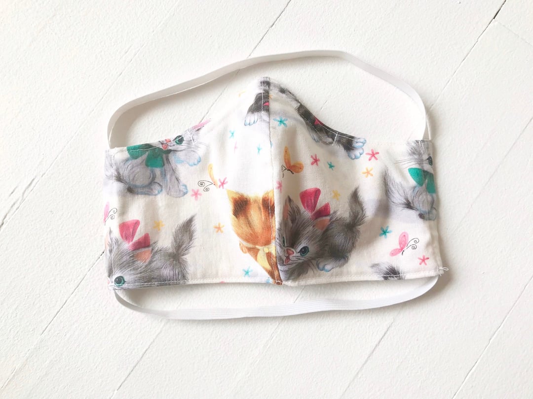 Women's Kitten Print Cotton Face Mask, Resuable + Machine Washable, Tie