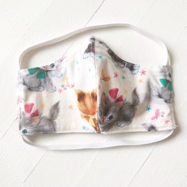 Women's Kitten Print Cotton Face Mask, Resuable + Machine Washable, Tie + Elastic, Hearing Aid Mask, Nose Wire, Reversible, Handmade in USA 