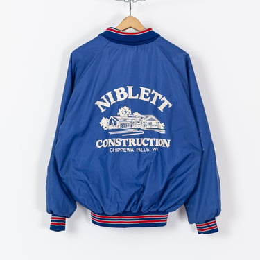 80s Niblett Construction Varsity Windbreaker - Men's Large | Vintage Blue Red Striped Wisconsin Uniform Jacket 