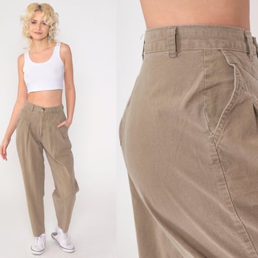 Brown Pleated Trousers 90s Cotton Slacks High Waisted Pants Retro Tapered Leg Slacks Casual Vintage 1990s Cherokee Small 