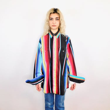 Wrangler Serape USA Blouse // vintage 70s t-shirt boho hippie t shirt dress southwestern mini cotton top country western rainbow // O/S 