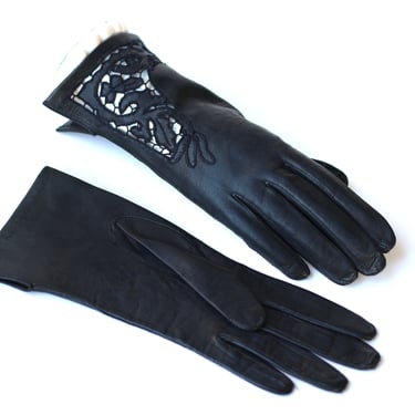 1940s Cutwork Detail Kid Leather Gloves Lined in Silk - Vintage Women’s Jet Black Evening Gloves - Size 7 