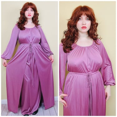 1970s Vintage Lavender Alison Ayres Knit Dress Set / 70s Blouson Split Front Silky Purple Maxi and Matching Vest / Size Large  XL 