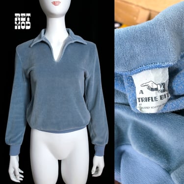 Cool Vintage 70s 80s Dusty Blue Velour Long Sleeve Collared Top 
