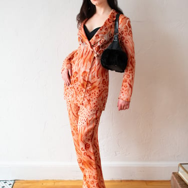Vintage Krizia Sheer Orange Leo Print Silk Organza Suit Set M/L