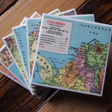 1956 Colombia Vintage Map Coaster Set of 6. Colombia Map. Bogota Gift. Travel Décor. South America Map. Colombian Décor. Spanish Gift. 