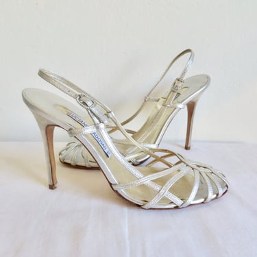 Size 39 8.5 Italian Silver Leather High Heel Sandals Rhinestone Buckle Stiletto Heels Leather Soles Evening Formal Made in Italy 