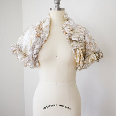 Vintage Diane Freis Sculptural Satin Bolero | S-M | 1990s/Y2K Cream Colored Silk Cover-up with Ruffles | White | Bridal | Wedding 