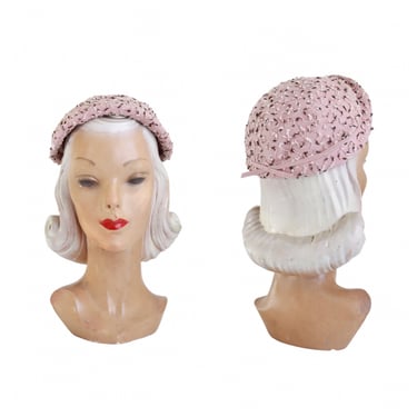 1950s Pale Pink Shell Cap Hat with Brown & Ivory Boucle Swirl - 1950s Pink Hat - 1950s Shell Cap - 1950s Pink Small Hat - Vintage Pink Hat 