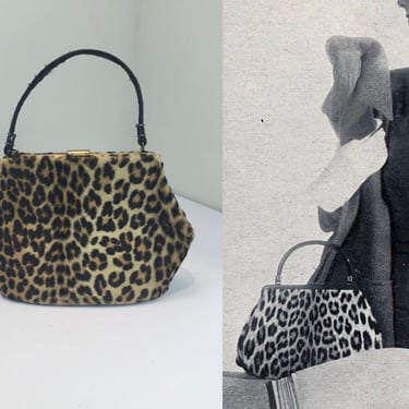 Set Down Handbags - Vintage 1950s 1960s Faux Leopard Fur Mid Size Purse Handbag 