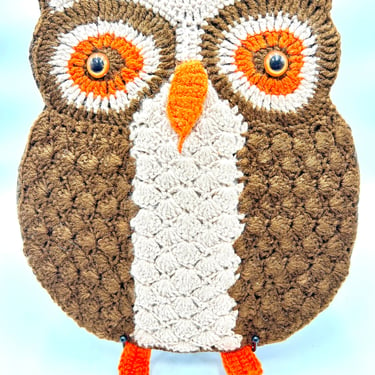 Vintage Crochet Owl Wall Hanging, Orange, White, Brown, Knit, Crocheted, Vintage Retro 70s Home Decor 