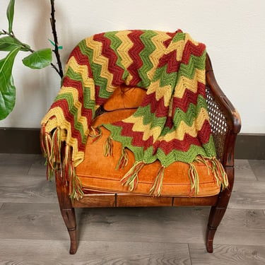 Vintage Handmade Green, Yellow & Red Chevron Striped Fall Blanket 68