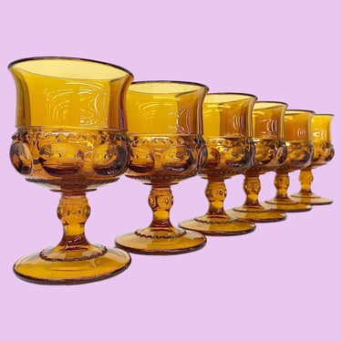 Vintage Indiana Glass Goblets Retro 1970s Mid Century Modern + Amber Glass + Kings Crown + Set of 6 + Cordial Glasses + Kitchen/Bar + Drink 