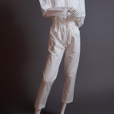 1980s Norma Kamali white boilersuit with oversized hood - vintage designer cotton jumpsuit with drawstring waist 
