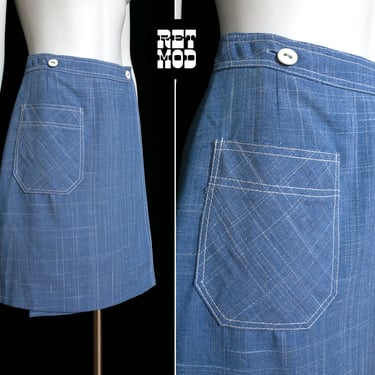 Vintage 70s Blue Chambray Wrap-Style Skirt with Pockets 