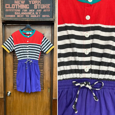 Vintage 1980’s Color Block Hip Hop New Wave Stripe Romper Playsuit Outfit, Vintage Playsuit, 1980’s, Color Block, New Wave, Hip Hop, Romper, 
