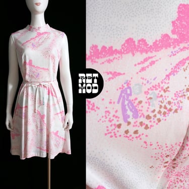 Sp Pretty & Ethereal Vintage 60s 70s White, Pastel Pink, Pastel Purple Impressionist Landscape with a Person Printed Dress 