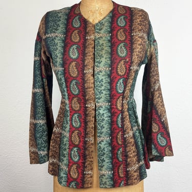 Antique 1800s Victorian Floral Paisley Wool Bodice Jacket with Bell Sleeves 