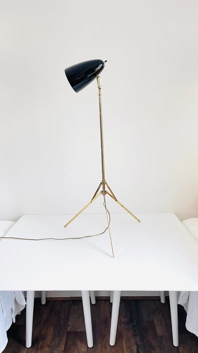 Vintage 1960s MID Century Modern Tripod Floor Lamp Atomic Black Cone Metal Telescoping Adjustable Height Extension Reading Light 