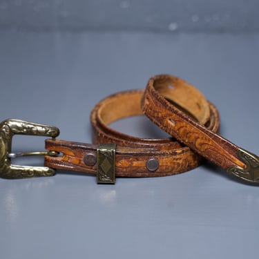 Vintage 1970s Tooled Leather Belt 