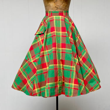 Vintage 1950s Plaid Cotton Circle Skirt, Mid-Century Rockabilly Full Skirt w/Giant Pocket Detail, Small 25
