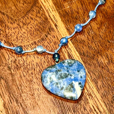 Blue Stone Beaded Necklace Heart Pendant Hand Knotted Avon Vintage Jewelry Retro Style 90s 1990s 