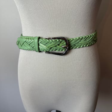 Vintage braided leather belt~ bright seafoam green color woven boho style Skinny trouser belts Volup open size fits up to 39” waist 