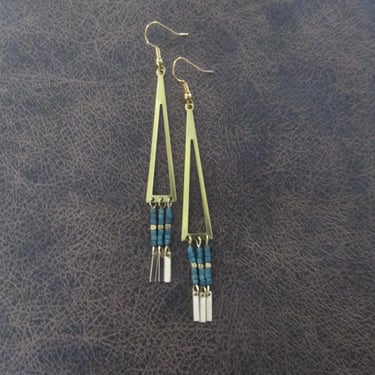 Long teal seed bead and brass earrings 