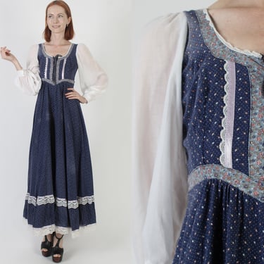 Gunne Sax Calico Corset Maxi Dress, Vintage 70s Cottagecore Bohemian Wedding Gown, Country Style White Sleeve Prairie Outfit 9 