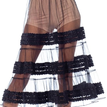 1950S Black Sheer Poly/Nylon Tulle Petticoat Skirt With Satin Ribbon Ruffles 