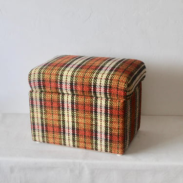 1980s Vintage Bright Plaid Rectangular Stool Storage Trunk 