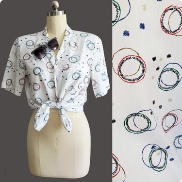 80s Blouse with Abstract Multicolor Print - 80's Shirt - 80s Women's Vintage Size Large 