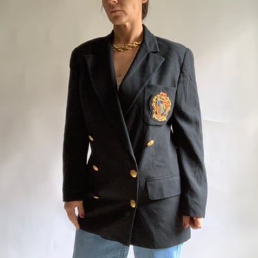 Vintage Linda Allard for ELLEN TRACY Black Crest Double Breasted Black Blazer, Large 