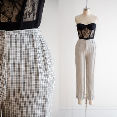high waisted pants | 90s vintage cream black plaid dark academia cropped ankle trousers 