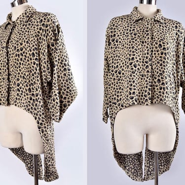 80's Leopard Print Oversized Shirt w/ TUXEDO TAILS, Blouse, 1980's, Vintage Rayon Top Dress Large 